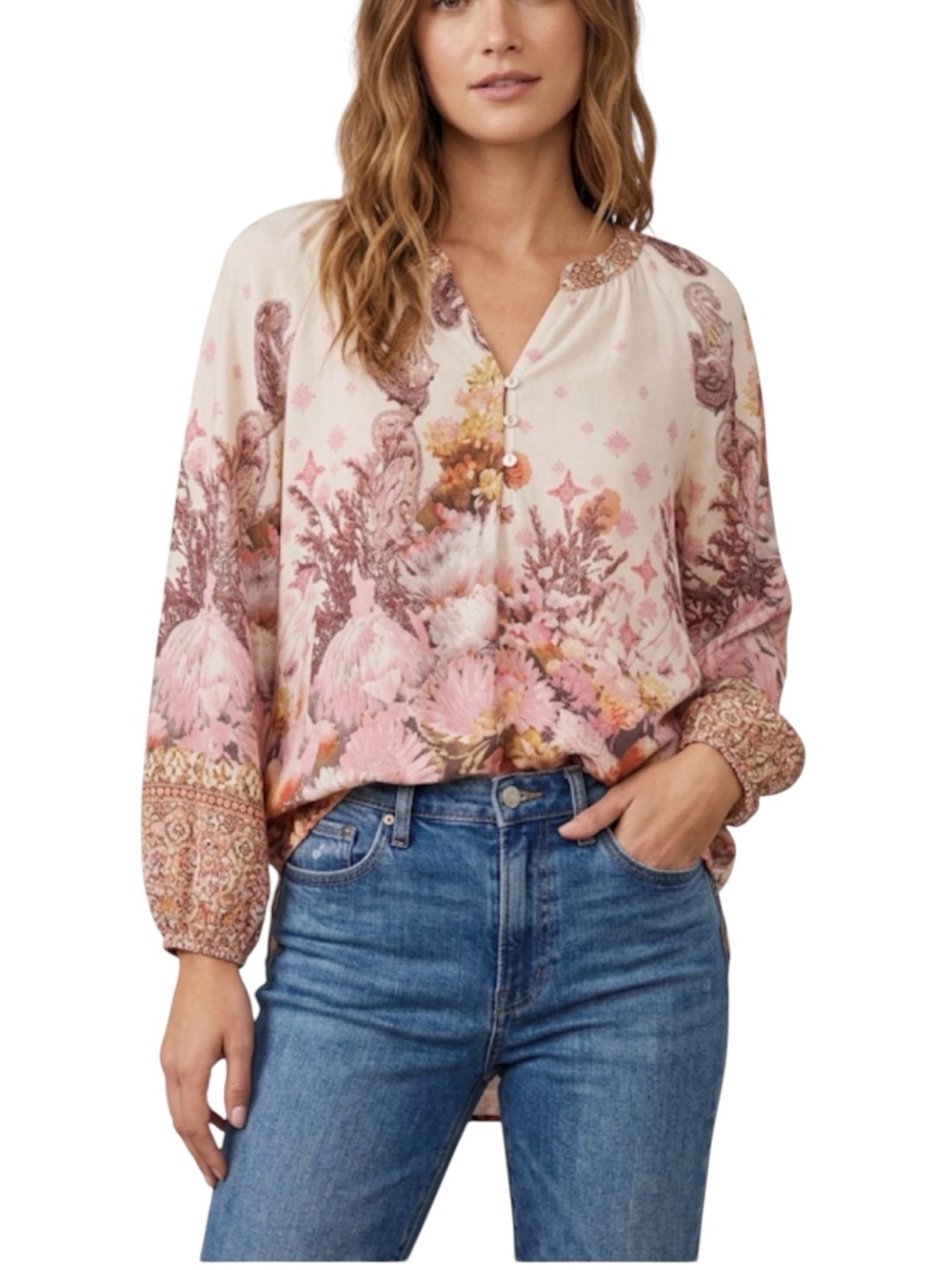 Fig & Flower Boho Pink Cream Floral Blouse Size Small - Picture 1 of 16